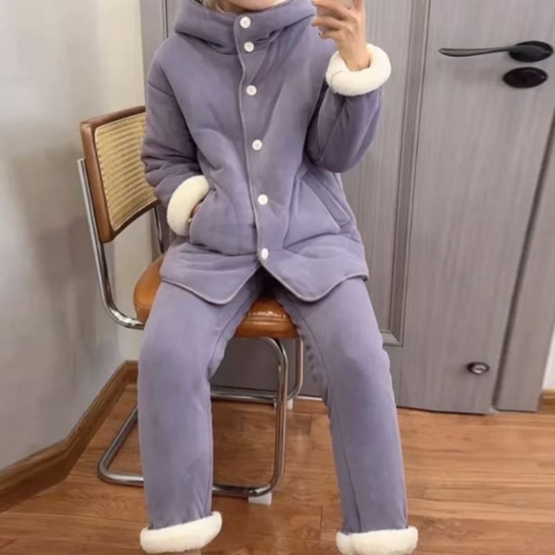 女士冬季连帽家居服保暖套装三层加绒加厚可外穿两件套保暖睡衣