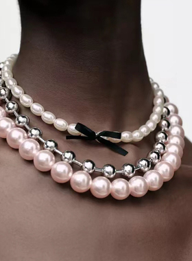 Z家同款夸张叠戴珍珠项链个性度假风彩色锁骨卡脖项链