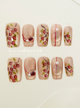 「暮樱沾露」纯手工手绘中式短甲2025年新款高级感美甲秋冬穿戴甲