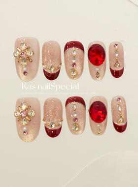 「绽红宝石」纯手工锆石设计感秋冬红色裸钻高级感气质款穿戴甲