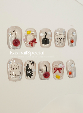 「樱桃宝贝」纯手工手绘卡通猫咪可爱少女感2025年美甲秋冬穿戴甲