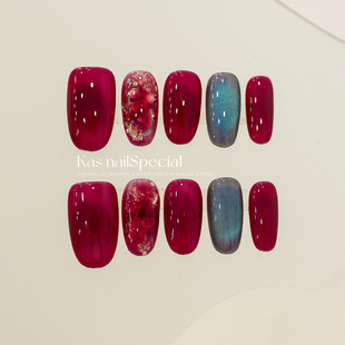 「红曜微澜」纯手工晕染拼色红色美甲2025年新款显白温柔穿戴甲