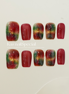 「红酒森林」纯手工酒红秋冬美甲高级感2025年新款短甲穿戴甲贴片