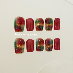 「红酒森林」纯手工酒红秋冬美甲高级感2025年新款 短甲穿戴甲贴片