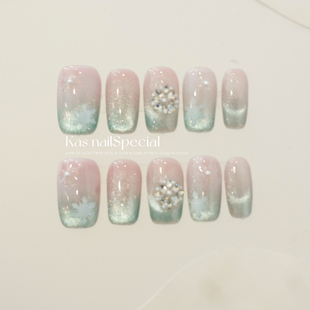 「雪雾暮光」纯手工手绘渐变猫眼秋冬圣诞风格 过年美甲穿戴甲短甲