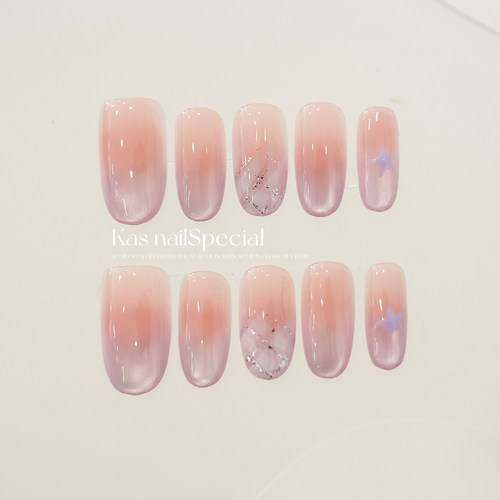 「浅粉落心」纯手工纯欲风格高级感2025年新款短甲粉色渐变穿戴甲