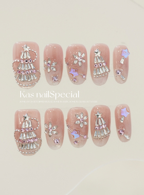 「水晶圣诞」纯手工贴钻粉色温柔显白过年甲秋冬圣诞高级感穿戴甲