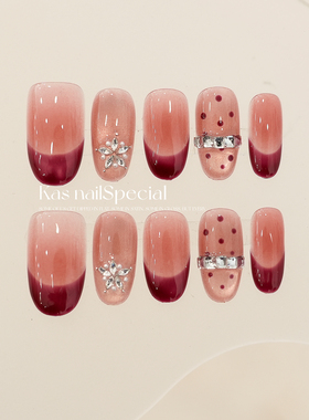 「酒红千金」法式红色穿戴甲纯手工镶钻显白温柔2025新款过年美甲
