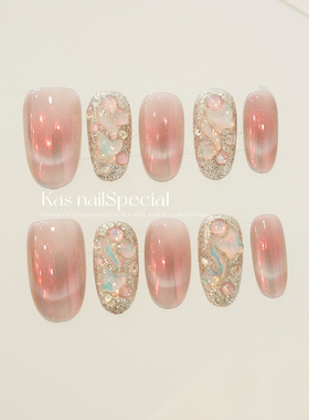 「轻盈粉羽」纯手工玻璃珠猫眼美甲秋冬美甲2025年新款穿戴甲美甲