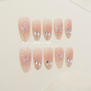 「灵动粉蝶」仙气温柔立体手绘蝴蝶穿戴甲冰透显白新娘纯手工定制