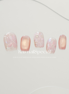 kas美甲纯手工日式粉色花朵手绘短甲高级感2025年新款穿戴甲贴片