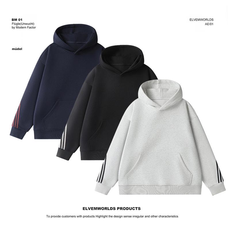 加绒加厚！男女同款百搭连帽撞色三条杠长袖套头卫衣男士弯刀裤