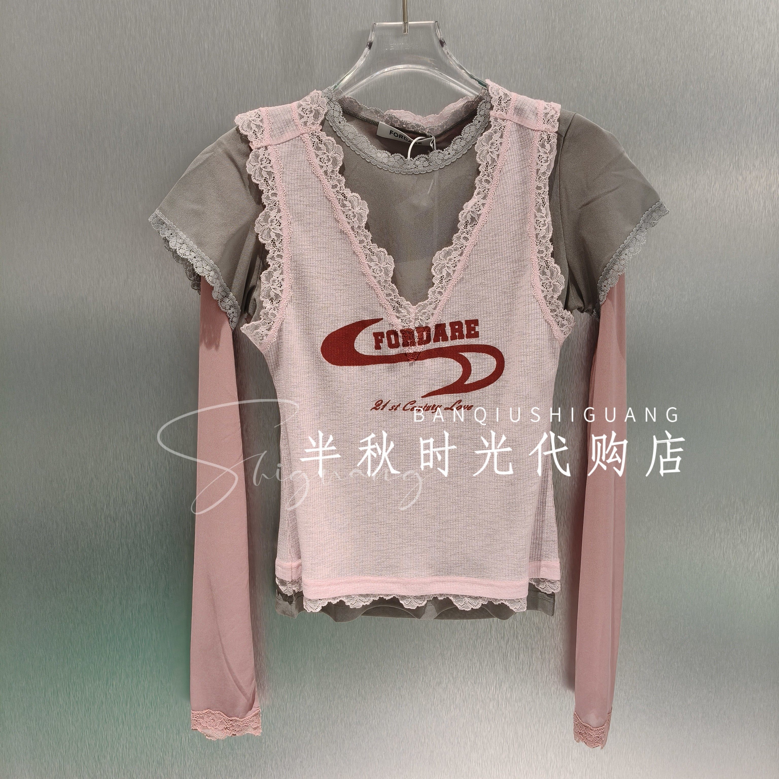 2610T11126-1099 FORDARE/福蝶2026春夏款粉色假三件薄透针织上衣