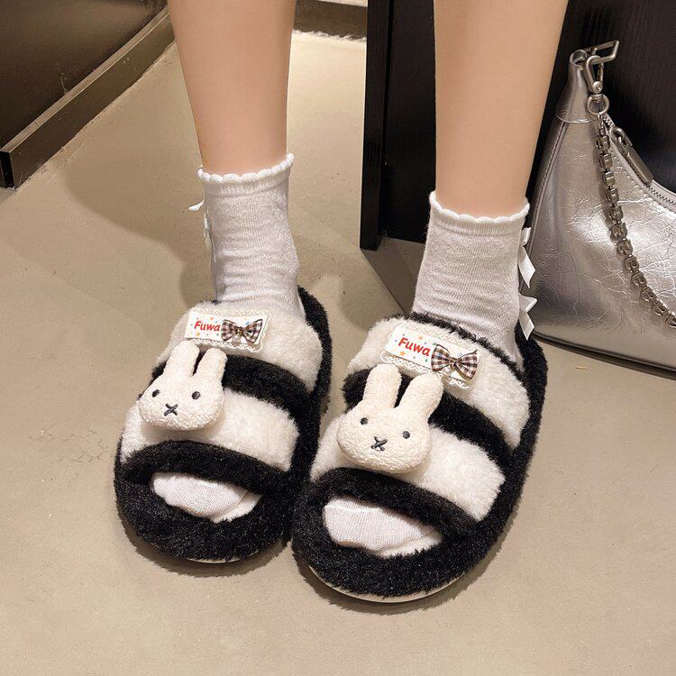 可爱软萌米菲兔拼色露趾毛毛拖女