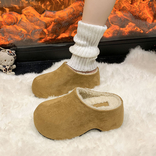 厚底内增高勃肯鞋加绒包头半拖鞋女外穿2025新款秋冬小个子棉拖鞋
