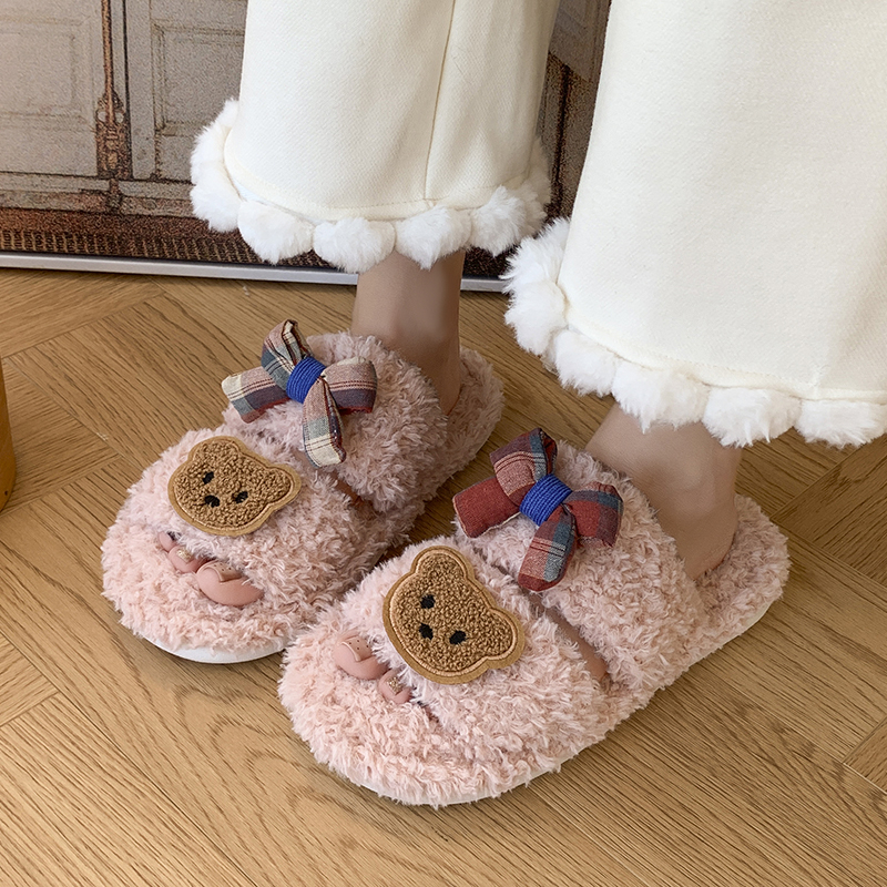 可爱卡通小熊毛毛拖鞋女