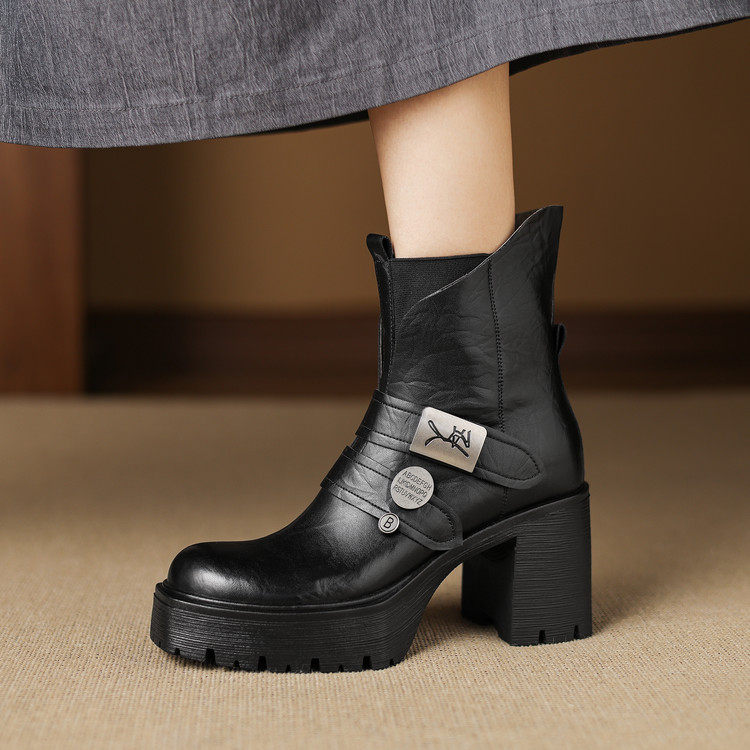 小个子女鞋真皮厚底粗跟冬季马丁靴时尚圆头高跟鞋百搭金属扣皮靴