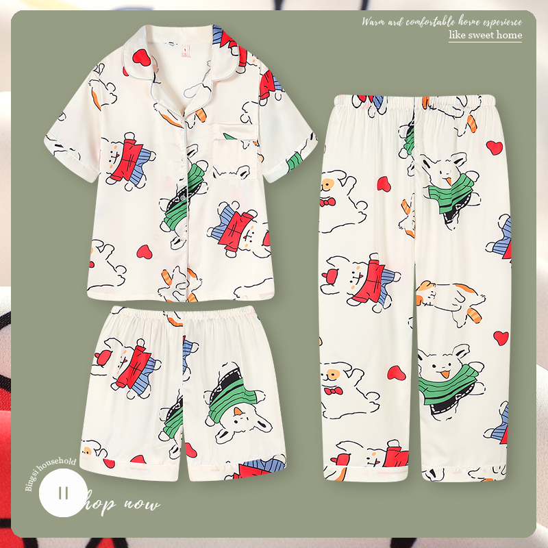 韩国线条小狗睡衣女夏季冰丝薄款