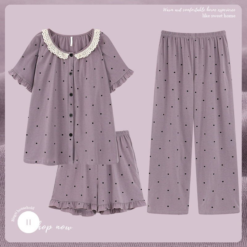 纯棉睡衣女三件套夏季短袖薄款