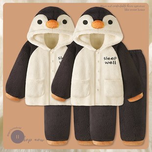 浪漫春天企鹅珊瑚绒情侣睡衣女冬季加厚加绒男士家居服套装秋冬款