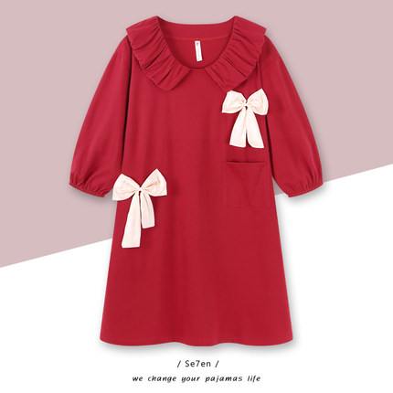Se7enの长袖睡裙女春秋季2025新款红色睡衣新婚结婚家居服本命年