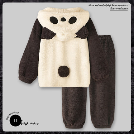 Se7enの珊瑚绒睡衣女冬季加绒加厚秋冬情侣法兰绒家居服套装男士