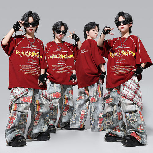 街舞少儿潮服嘻哈男孩红色字母涂鸦演出服套装hiphop男孩表演服男