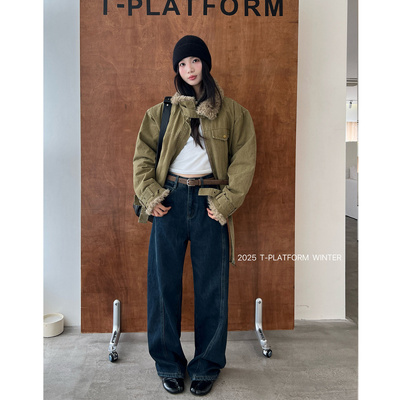 T台冬季薄绒窄版牛仔裤