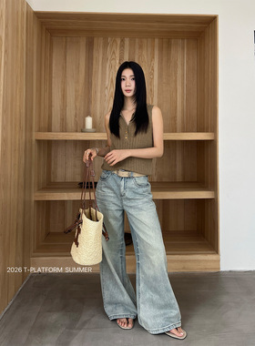 T台/T-PLATFORM 美式水洗做旧磨白牛仔裤废土风拖地阔腿裤女68315
