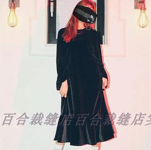 欧洲站2020秋冬新款 裙女 荷叶边裙摆进口丝绒长袖 连衣裙宽松大码
