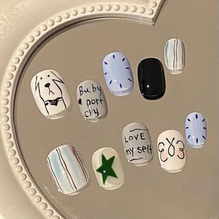 大白先生清新俏皮可爱卡通涂鸦豆豆短款穿戴甲小众设计日常百搭款