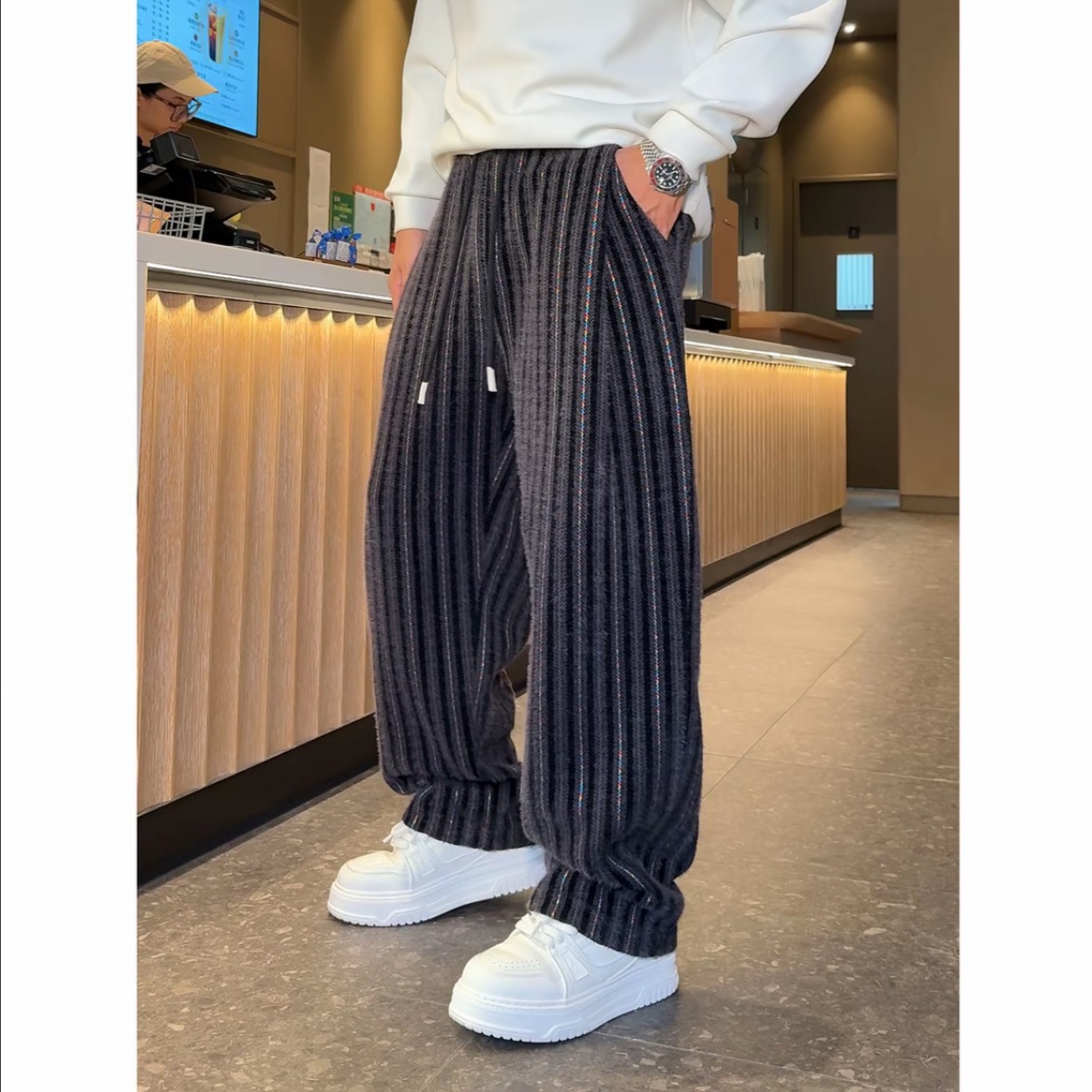 YULE语乐服饰3021双面加绒彩织条纹毛呢休闲裤冬季重磅褶位阔腿裤