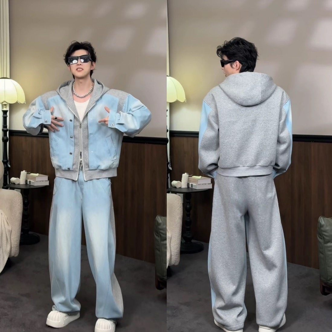 龙刀刀时尚美式复古拼接男士连帽卫衣牛仔长裤设计师款时尚套装,男装,休闲运动套装,淘宝优惠券,粉丝福利购,淘宝优惠卷