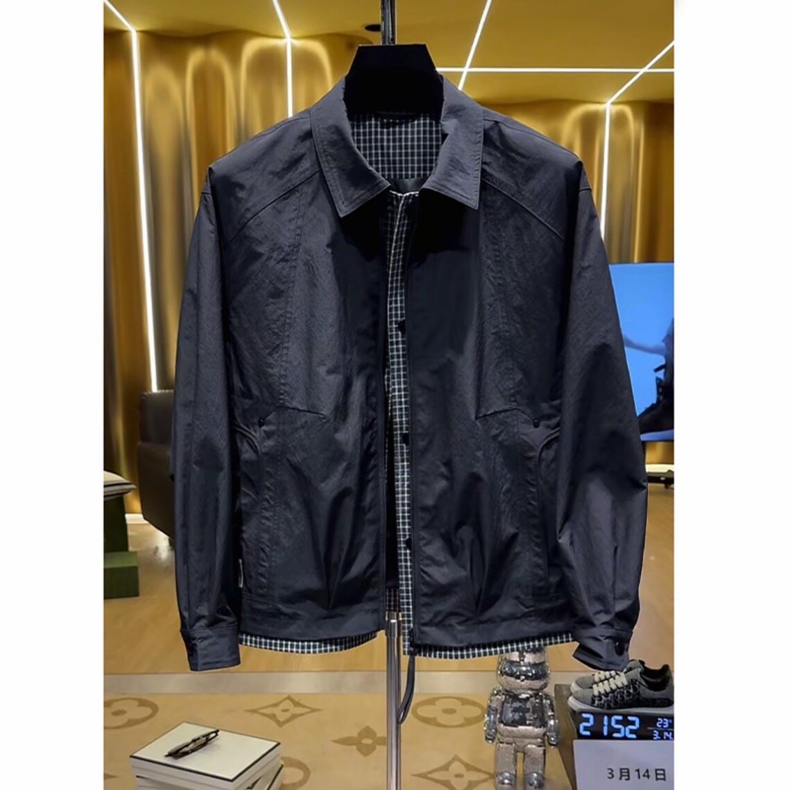 春季新款时尚痞帅简约风格子假两件翻领百搭夹克男士潮流休闲外套