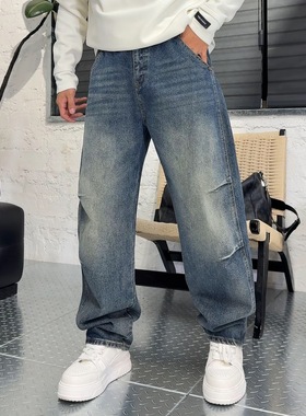 YULE语乐/26302复古水洗掐褶牛仔裤直筒裤松紧腰休闲裤长裤