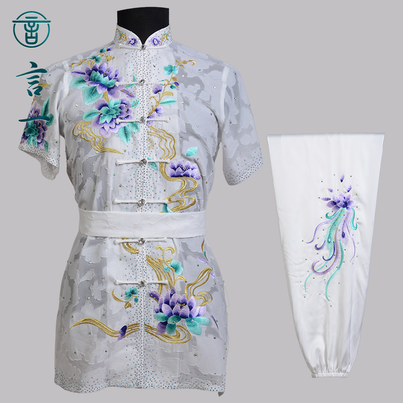 言一武术新款白色绣花武术服长拳服彩服比赛服表演服女儿童定做