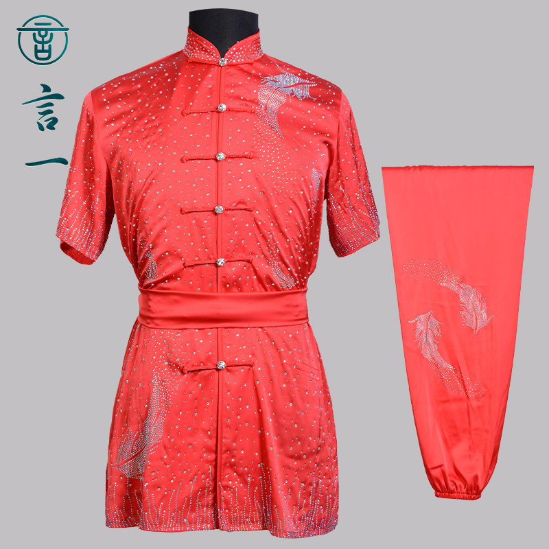 言一武术烫钻武术服红色长拳服武术竞技体考彩服南拳武术练功服