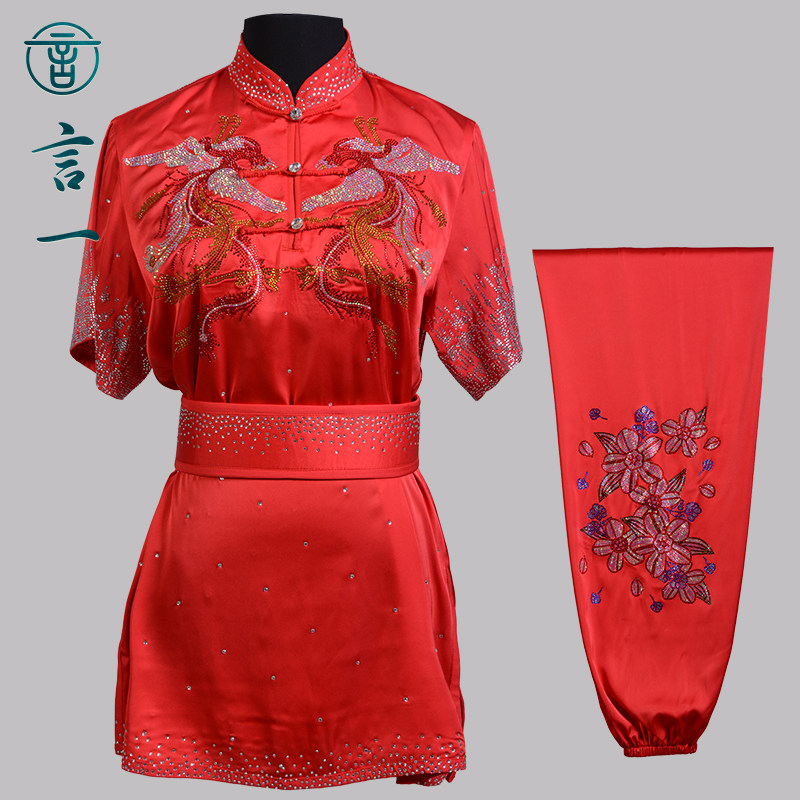 言一武术新款烫钻长拳服红色竞技比赛服武术彩服功夫竞技男子女