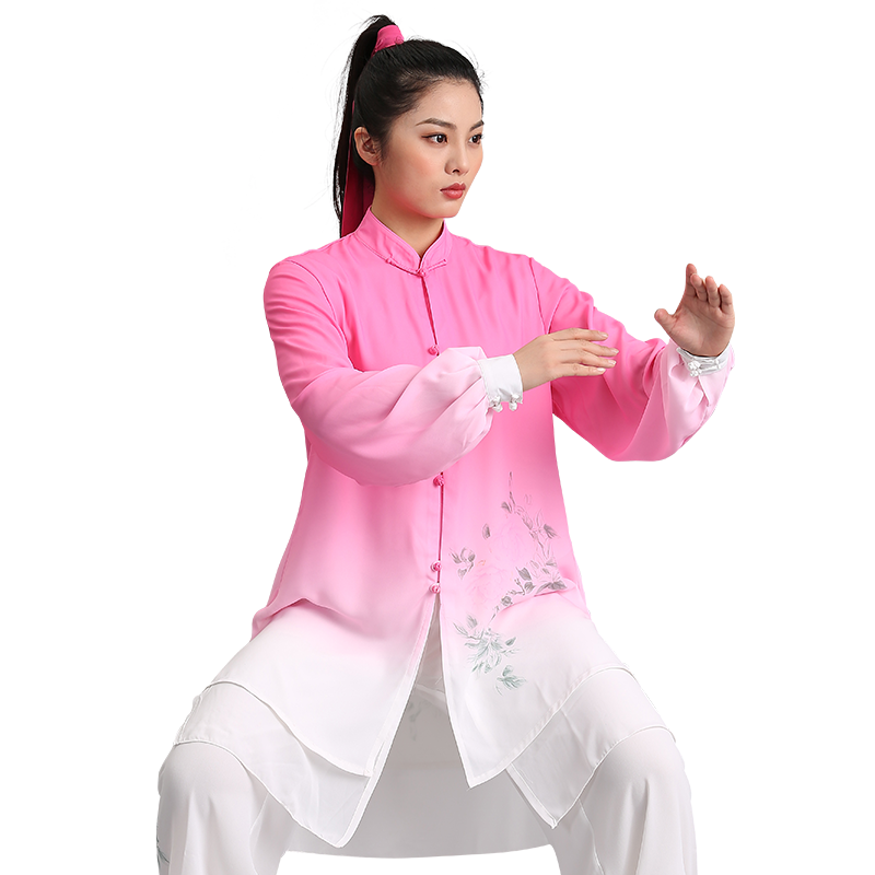 言一渐变粉色双层彩绘丝麻太极服