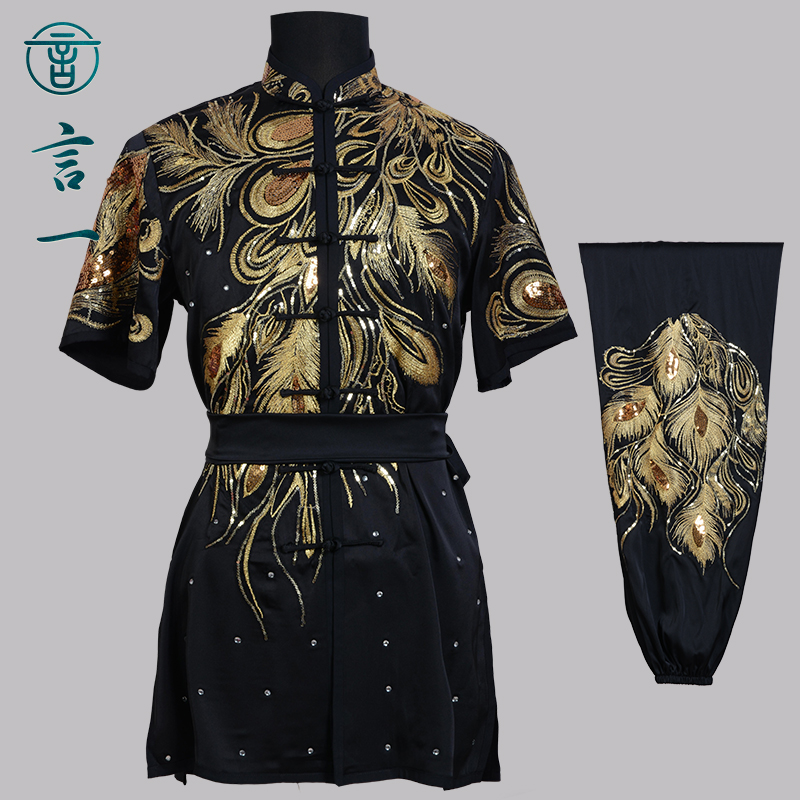 言一武术金凤武术服亮片绣表演服比赛服黑色长拳服规定拳彩服体考