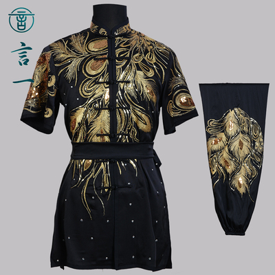 言一武术金凤武术服亮片绣表演服比赛服黑色长拳服规定拳彩服体考
