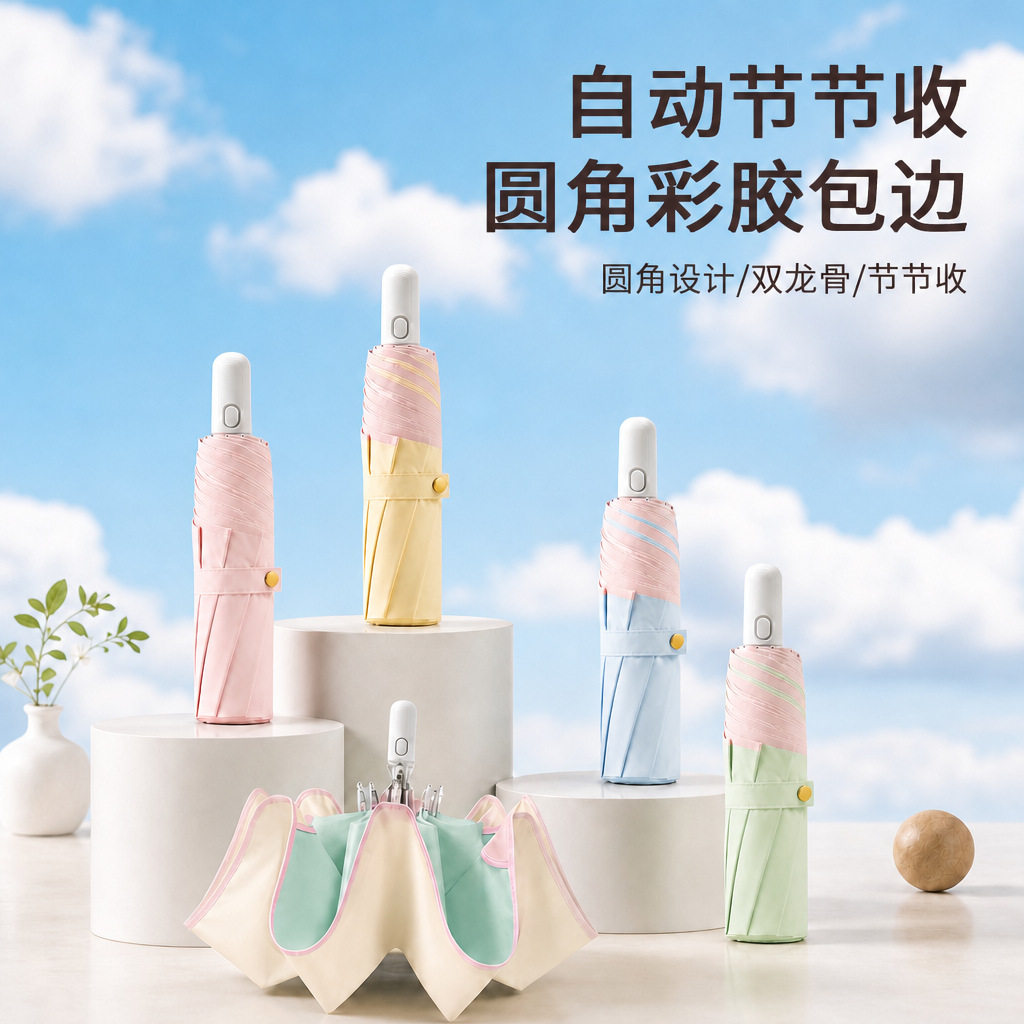 三折自动彩胶伞节节收超轻防晒遮阳伞加固抗风晴雨两用折叠伞