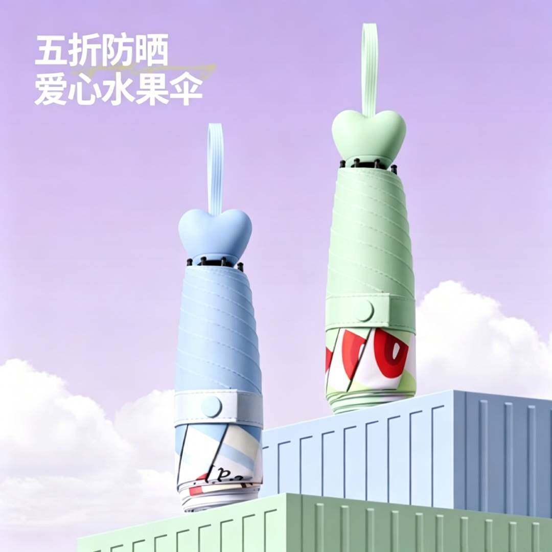 便携水果款五折胶囊伞晴雨两用心形手柄黑胶防紫外线迷你雨伞现货