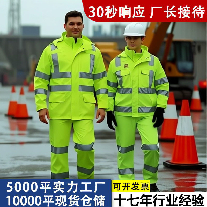 批发反光雨衣雨裤套装分体式户外交通执勤环卫双层荧光绿路政雨衣