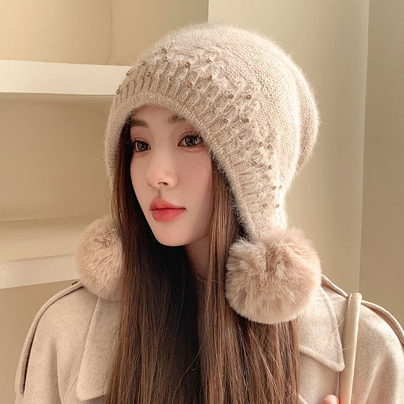 可爱三球毛线帽女冬季韩版保暖甜美减龄包头帽时尚护耳点钻针织帽