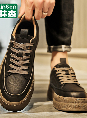 木林森男鞋2025年新款冬季潮流黑色板鞋运动休闲厚底防滑上班皮鞋