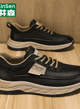 木林森男鞋冬季2025年新款潮流运动休闲厚底防滑工作上班黑色皮鞋