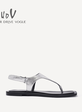 UDV2024春夏真皮羊皮时尚夹脚凉鞋圆头平底时装女鞋极简风冷感