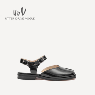 英伦风学生鞋 UDV2023春夏真皮开边珠牛皮分脚趾凉鞋 尖头平底女鞋