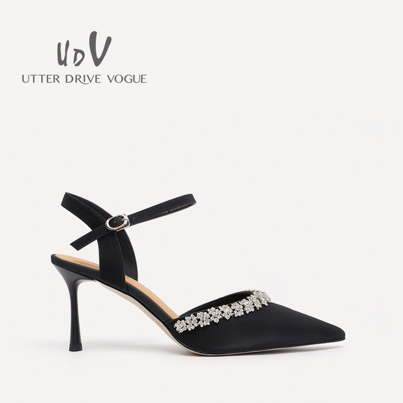 UDV2024春夏新款细跟真皮尖头一字带设计感水钻配裙子高跟鞋女夏